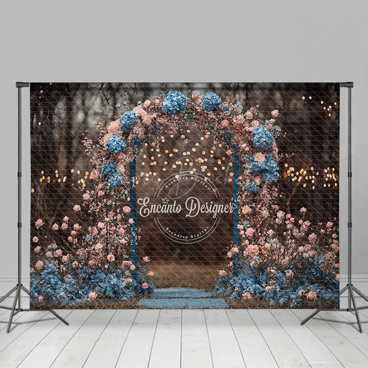 Lofaris Moody Floral Arch Photography Backdrop with Bokeh Lights Pink and Blue Flowers Romantic Wedding Photo Background