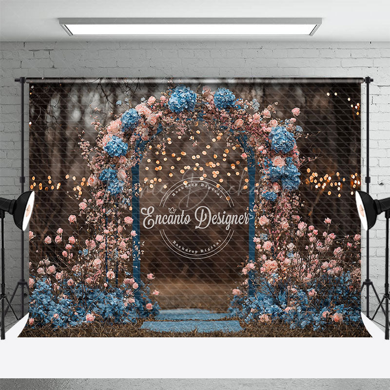 Lofaris Moody Floral Arch Photography Backdrop with Bokeh Lights Pink and Blue Flowers Romantic Wedding Photo Background