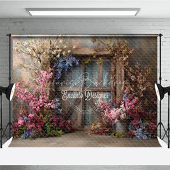 Lofaris Moody Floral Door Photography Backdrop Rustic Wood with Spring Flowers Fine Art Painterly Background