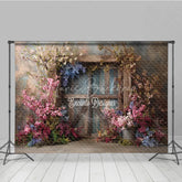 Lofaris Moody Floral Door Photography Backdrop Rustic Wood with Spring Flowers Fine Art Painterly Background
