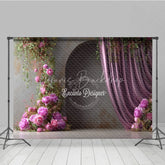 Lofaris Moody Pink Peony Photography Backdrop Climbing Flowers with Arch and Curtain Elegant Wedding Photo Background