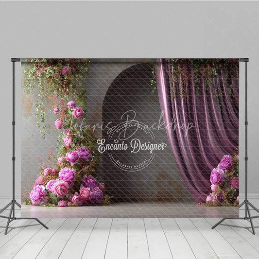 Lofaris Moody Pink Peony Photography Backdrop Climbing Flowers with Arch and Curtain Elegant Wedding Photo Background