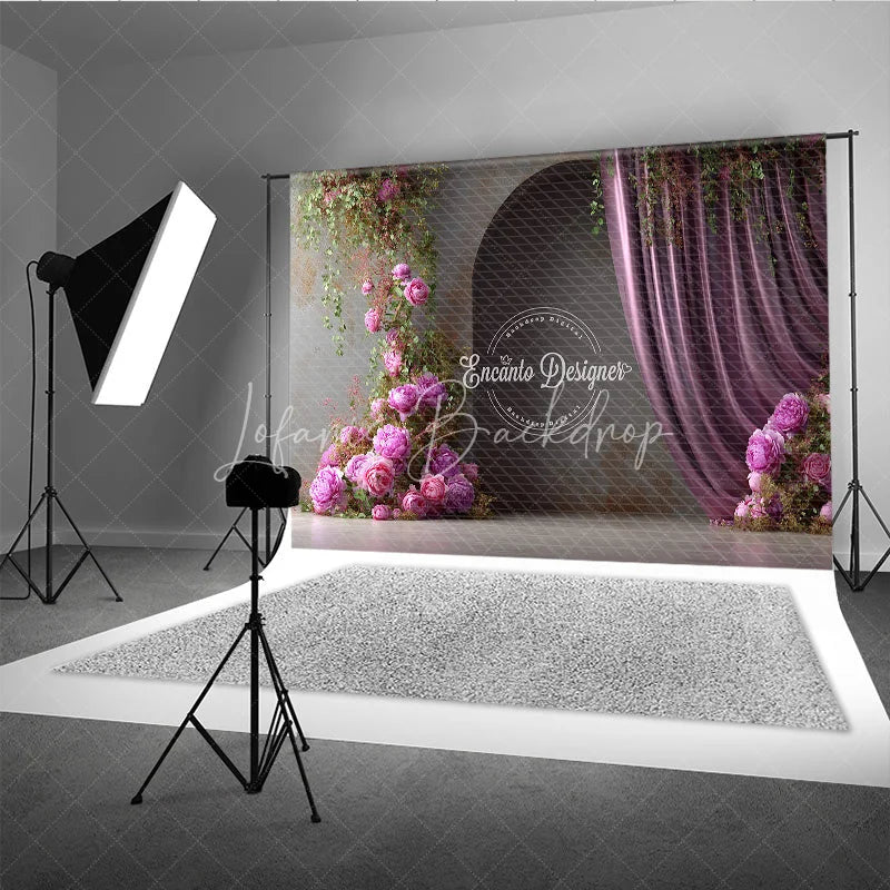 Lofaris Moody Pink Peony Photography Backdrop Climbing Flowers with Arch and Curtain Elegant Wedding Photo Background