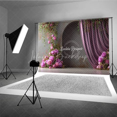 Lofaris Moody Pink Peony Photography Backdrop Climbing Flowers with Arch and Curtain Elegant Wedding Photo Background
