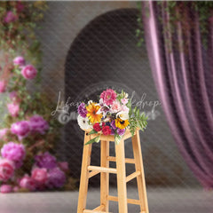 Lofaris Moody Pink Peony Photography Backdrop Climbing Flowers with Arch and Curtain Elegant Wedding Photo Background