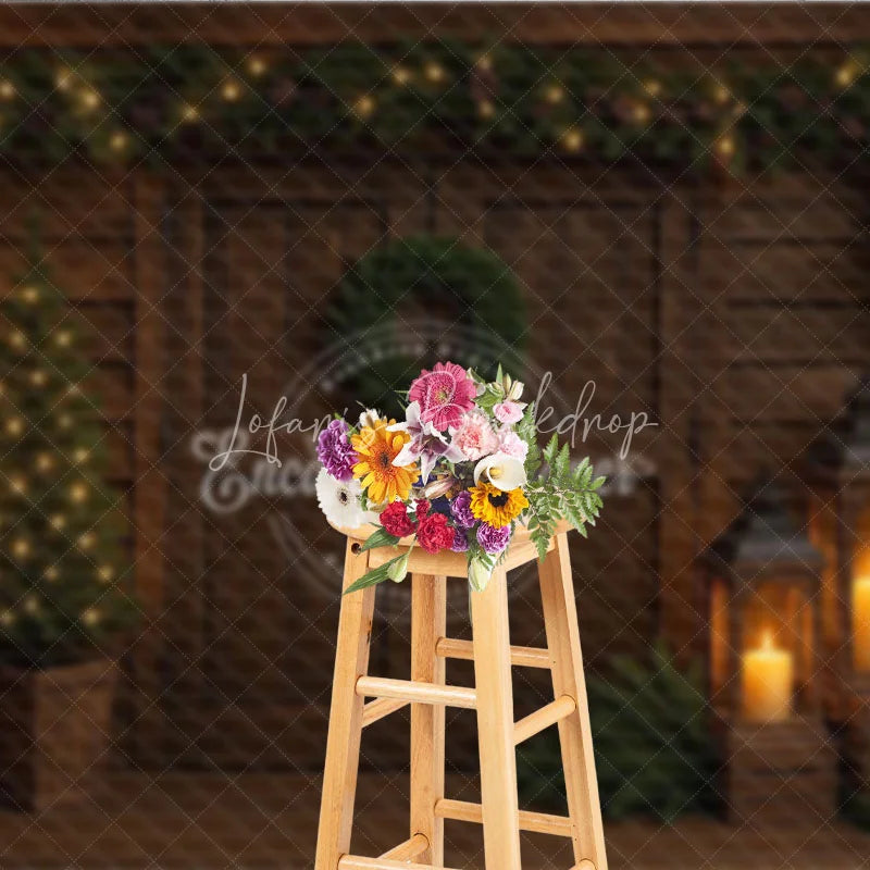 Lofaris Moody Rustic Christmas Door Photography Backdrop Dark Wood with Lanterns Simple Holiday Photo Background