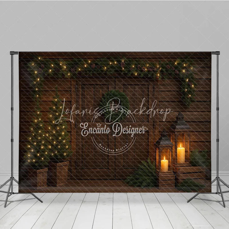 Lofaris Moody Rustic Christmas Door Photography Backdrop Dark Wood with Lanterns Simple Holiday Photo Background