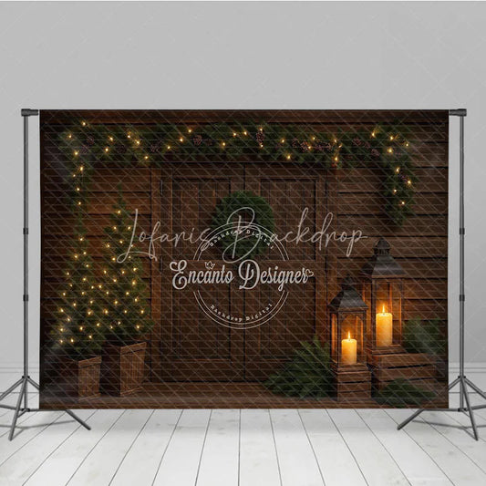 Lofaris Moody Rustic Christmas Door Photography Backdrop Dark Wood with Lanterns Simple Holiday Photo Background