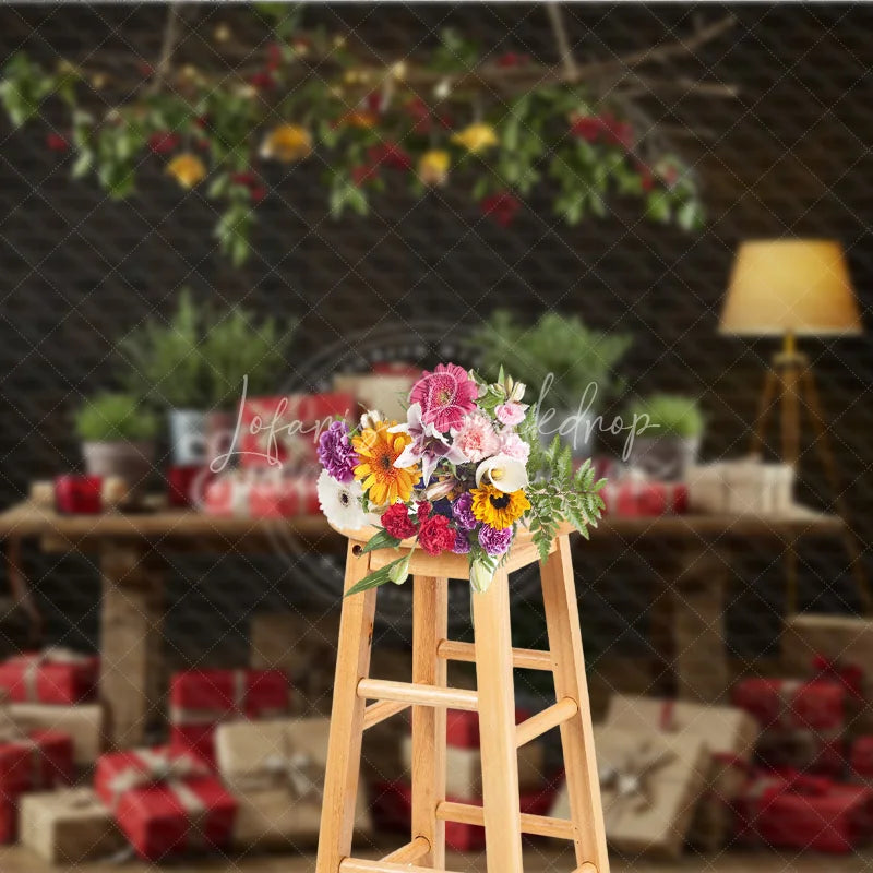 Lofaris Moody Rustic Christmas Photography Backdrop Dark Wood Room with Presents Natural Holiday Mini Session Background