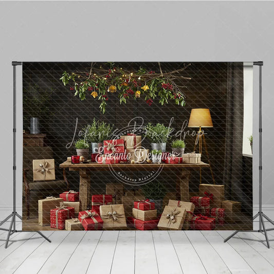 Lofaris Moody Rustic Christmas Photography Backdrop Dark Wood Room with Presents Natural Holiday Mini Session Background