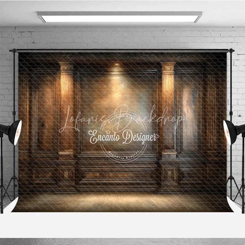 Lofaris Moody Vintage Wood Panel Photography Backdrop Dark Ornate Wall with Spotlight Retro Library Photo Background