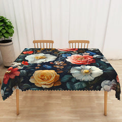 Lofaris Moody White Magnolia Rectangle Tablecloth Dramatic Red Floral Dark Table Cover Elegant Wedding Party Decor