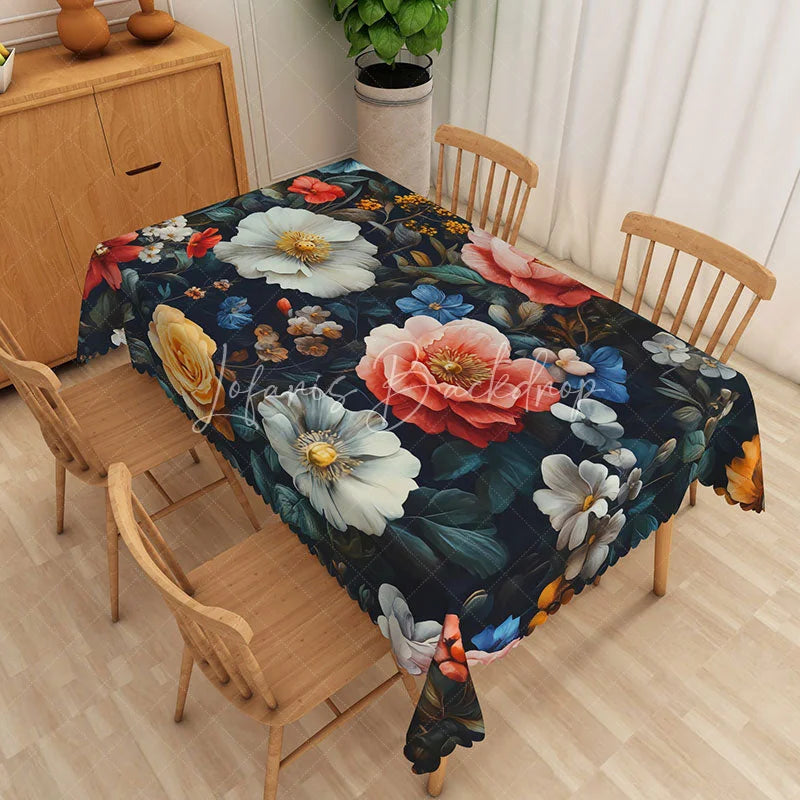 Lofaris Moody White Magnolia Rectangle Tablecloth Dramatic Red Floral Dark Table Cover Elegant Wedding Party Decor