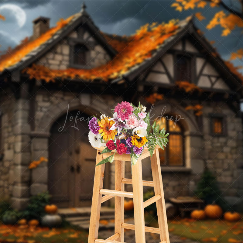 Lofaris Moon Night Stone House Pumpkin Autumn Photo Backdrop