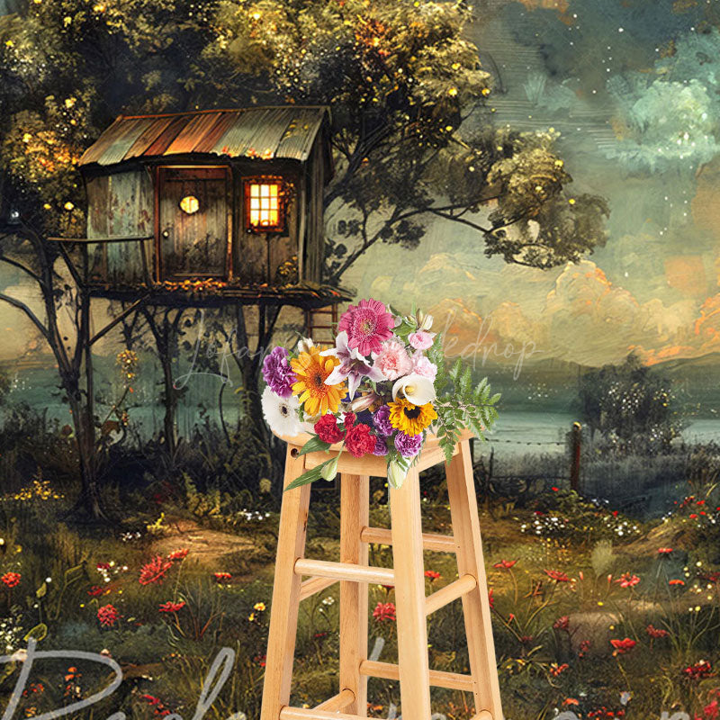 Lofaris Moon Starry Sky Tree House Grassland Summer Backdrop