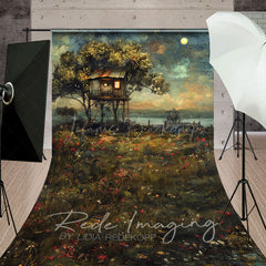 Lofaris Moon Starry Sky Tree House Grassland Sweep Backdrop