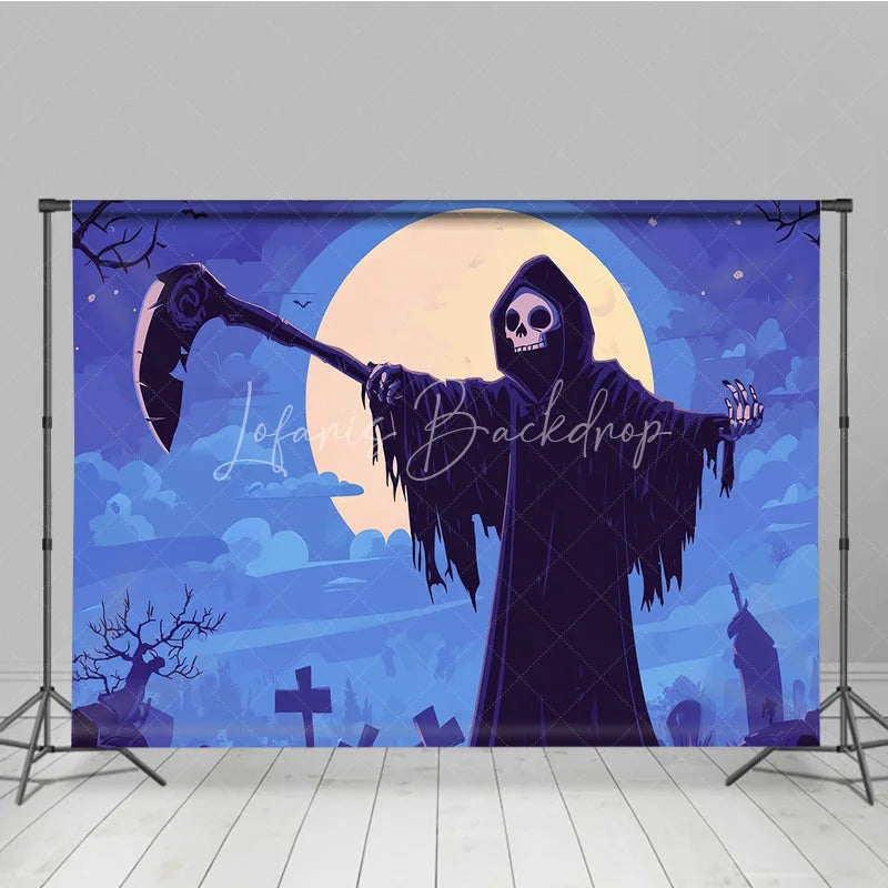 Lofaris Moonlit Graveyard Grim Reaper Holiday Backdrop with Scythe Spooky Halloween Party Decor