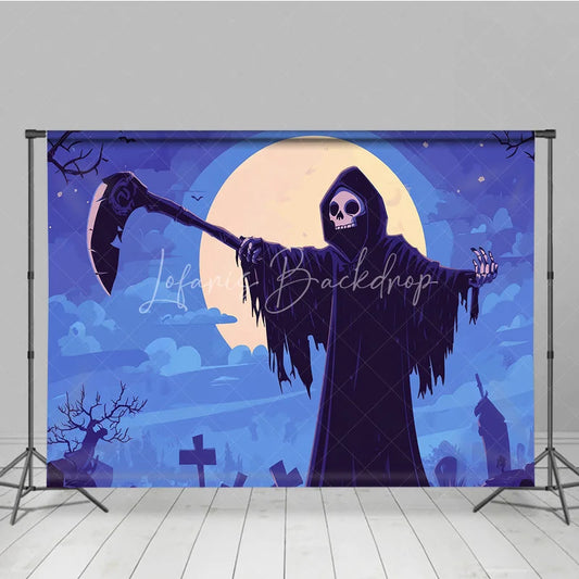 Lofaris Moonlit Graveyard Grim Reaper Holiday Backdrop with Scythe Spooky Halloween Party Decor
