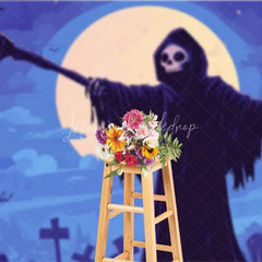 Lofaris Moonlit Graveyard Grim Reaper Holiday Backdrop with Scythe Spooky Halloween Party Decor