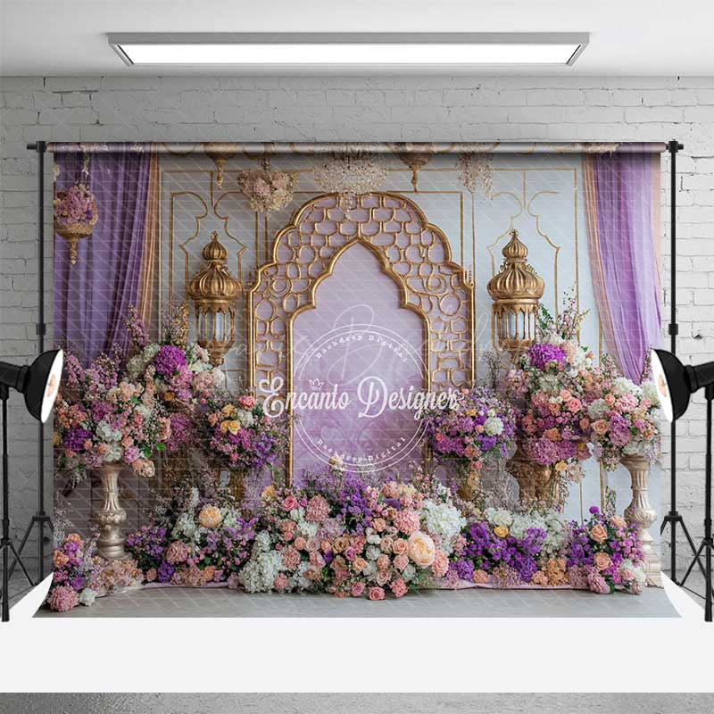 Lofaris Moroccan Themed Photography Backdrop Purple and Gold Arch with Lanterns Arabian Nights Wedding or Event Photo Prop
