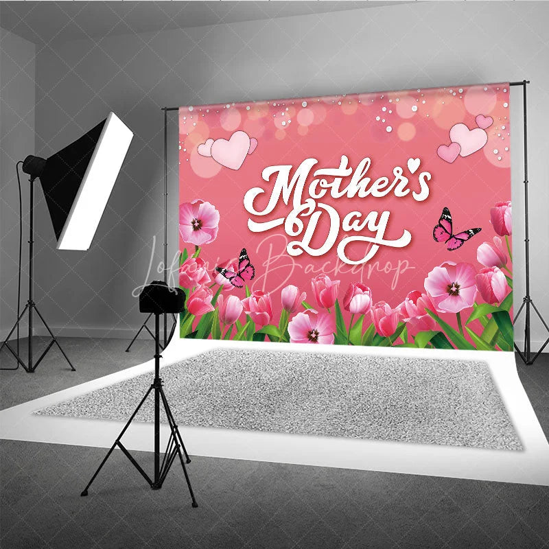 Lofaris Mother’s Day Backdrop Pink Tulips and Butterflies Soft Bokeh Floral Photography Background