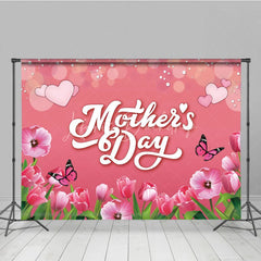 Lofaris Mother’s Day Backdrop Pink Tulips and Butterflies Soft Bokeh Floral Photography Background