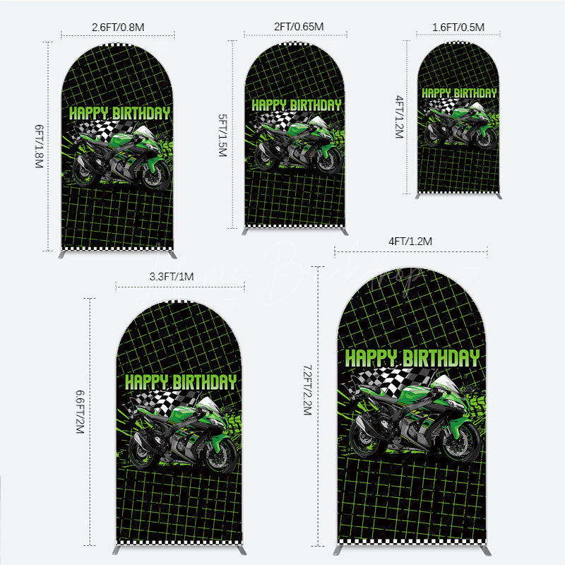 Lofaris Motorcycle Happy Birthday Arch Backdrop Green Racing Superbike and Checkered Flag Boys Biker Themed Party Decor