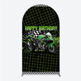 Lofaris Motorcycle Happy Birthday Arch Backdrop Green Racing Superbike and Checkered Flag Boys Biker Themed Party Decor