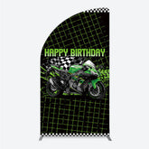 Lofaris Motorcycle Happy Birthday Half Moon Arch Backdrop Green Racing Superbike and Checkered Flag Boys Biker Themed Party Decor