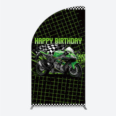 Lofaris Motorcycle Happy Birthday Half Moon Arch Backdrop Green Racing Superbike and Checkered Flag Boys Biker Themed Party Decor