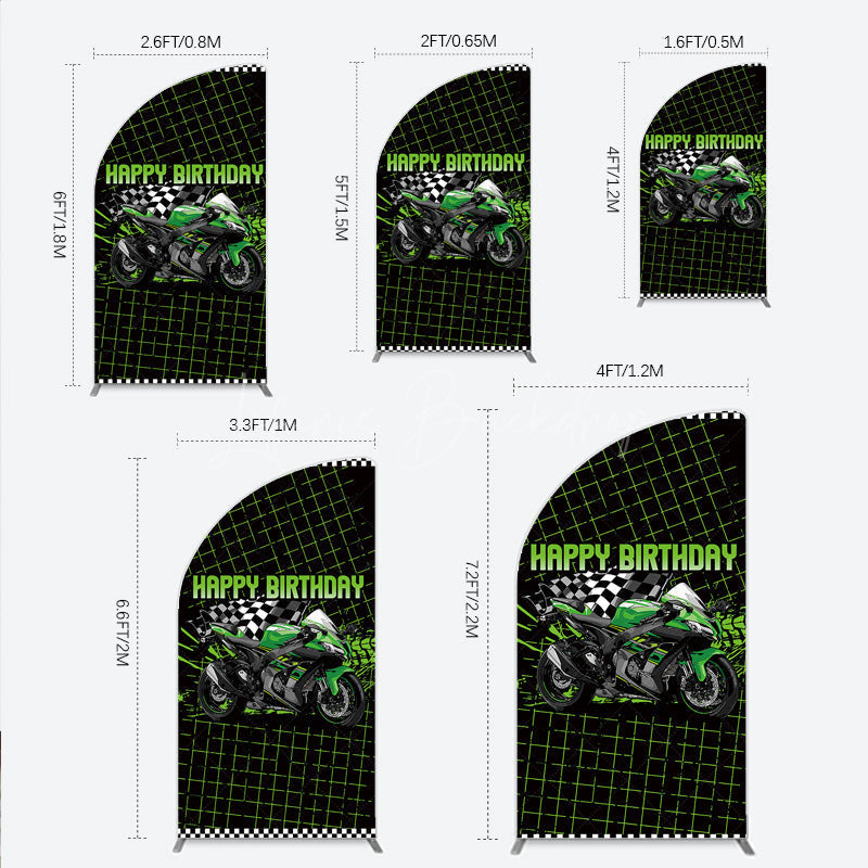 Lofaris Motorcycle Happy Birthday Half Moon Arch Backdrop Green Racing Superbike and Checkered Flag Boys Biker Themed Party Decor
