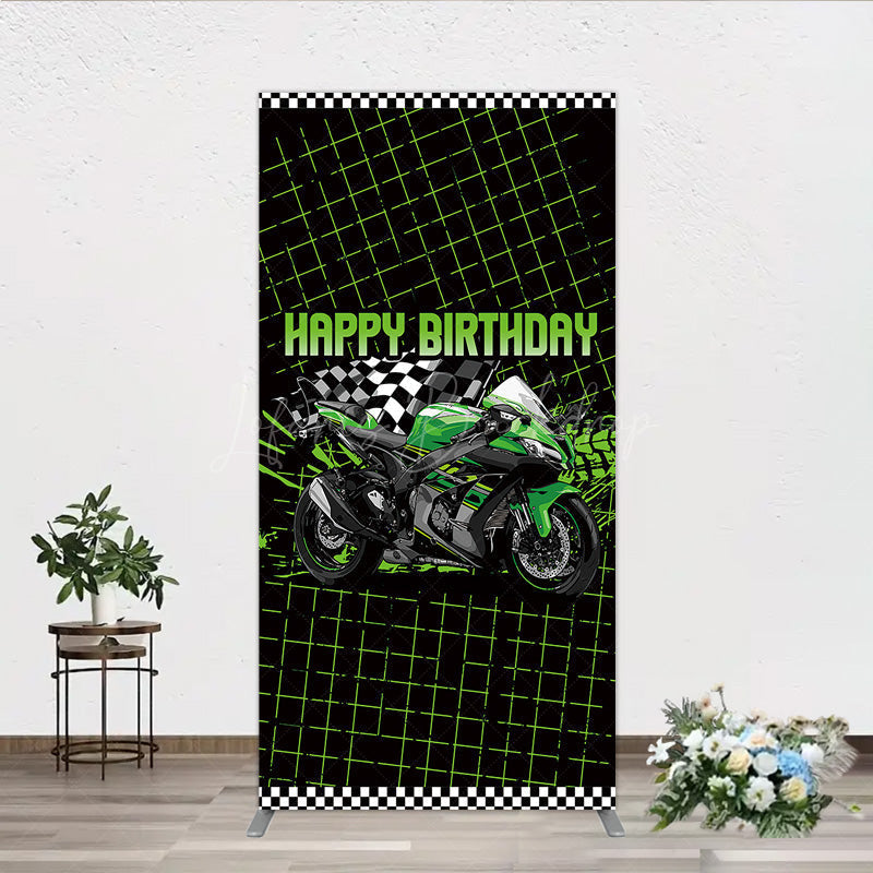 Lofaris Motorcycle Happy Birthday Rectangle Backdrop Green Racing Superbike and Checkered Flag Boys Biker Themed Party Decor