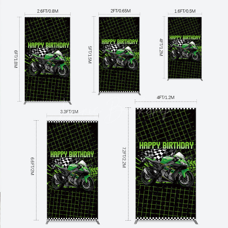 Lofaris Motorcycle Happy Birthday Rectangle Backdrop Green Racing Superbike and Checkered Flag Boys Biker Themed Party Decor