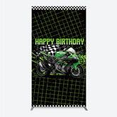 Lofaris Motorcycle Happy Birthday Rectangle Backdrop Green Racing Superbike and Checkered Flag Boys Biker Themed Party Decor