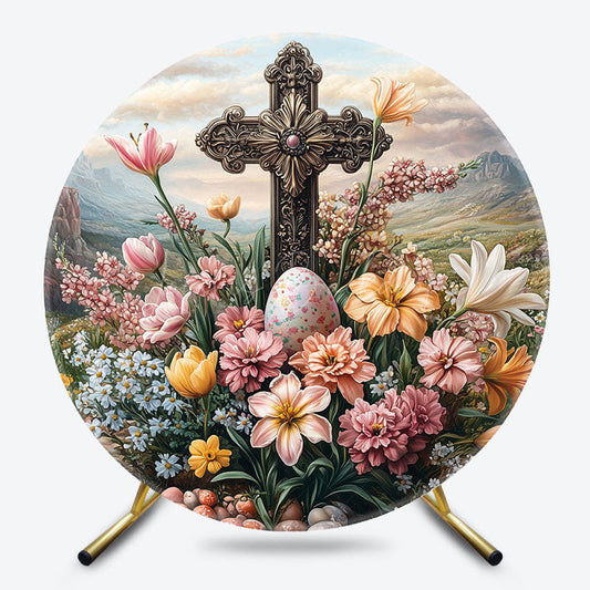 Lofaris Mountain Floral Eggs Cross Round Easter Backdrop