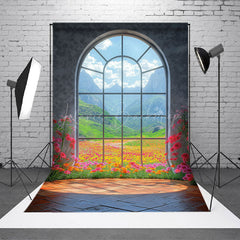 Lofaris Mountain Floral Scene Arched Windows Photo Backdrop