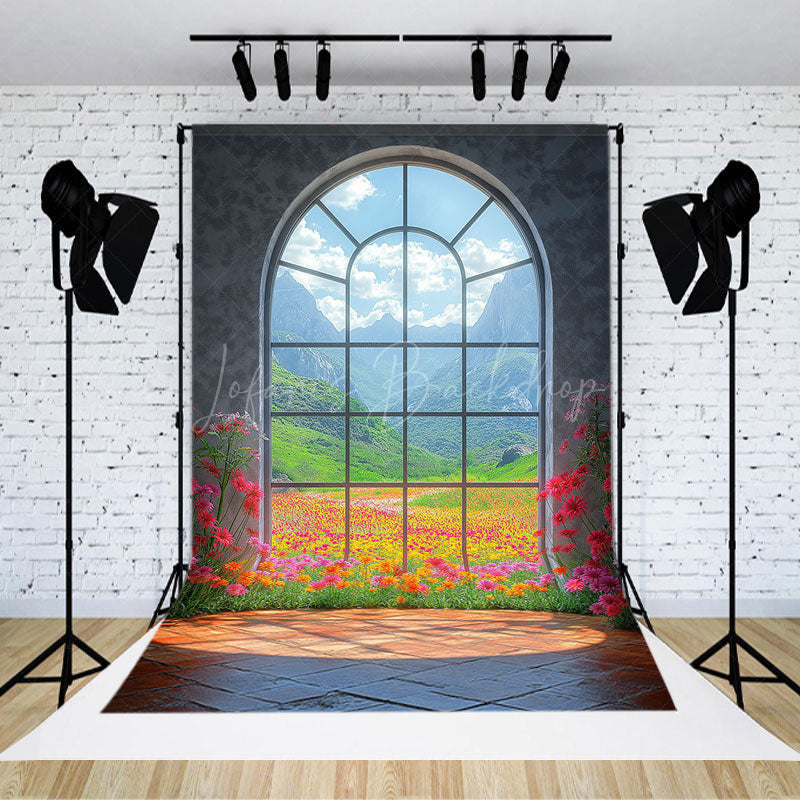 Lofaris Mountain Floral Scene Arched Windows Photo Backdrop