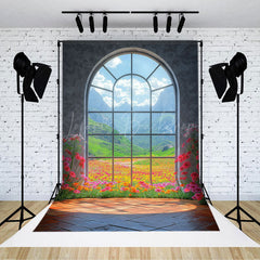 Lofaris Mountain Floral Scene Arched Windows Photo Backdrop