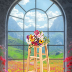 Lofaris Mountain Floral Scene Arched Windows Photo Backdrop