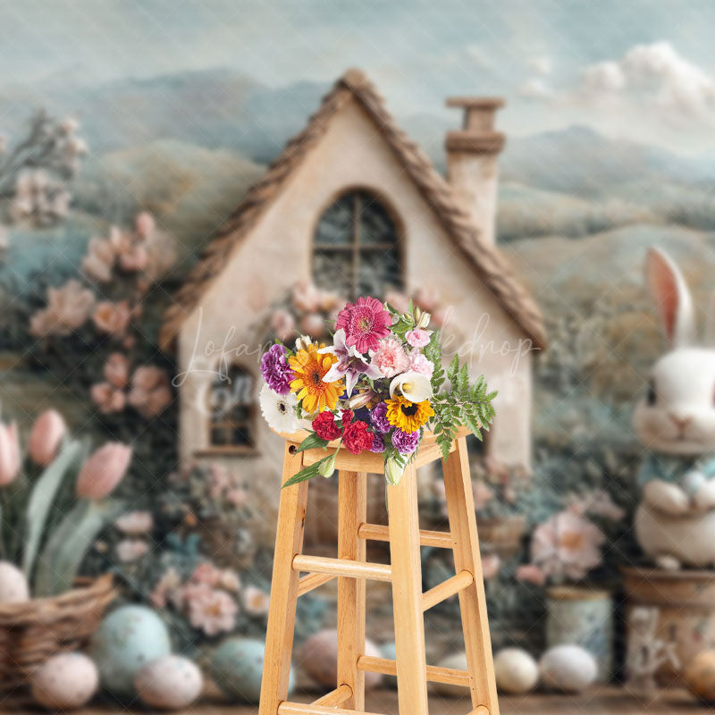 Lofaris Mountain Scene Bunny Hutch Egg Floral Easter Backdrop