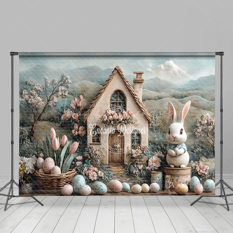 Lofaris Mountain Scene Bunny Hutch Egg Floral Easter Backdrop