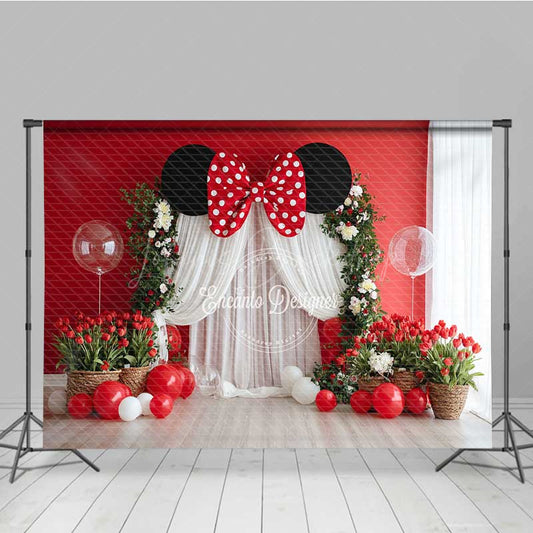 Lofaris Mouse Ear Inspired Cake Smash Backdrop Red and White Polka Dot Bow Floral Arch with Balloons Photo Prop