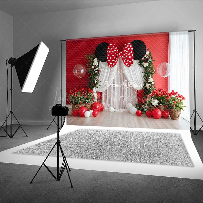 Lofaris Mouse Ear Inspired Cake Smash Backdrop Red and White Polka Dot Bow Floral Arch with Balloons Photo Prop