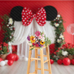 Lofaris Mouse Ear Inspired Cake Smash Backdrop Red and White Polka Dot Bow Floral Arch with Balloons Photo Prop