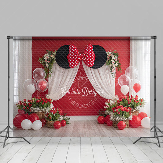Lofaris Mouse Ears with Red Polka Dot Bow Photography Backdrop Birthday Party or Cake Smash Cartoon Theme Decor