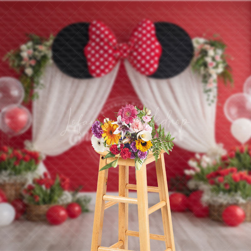 Lofaris Mouse Ears with Red Polka Dot Bow Photography Backdrop Birthday Party or Cake Smash Cartoon Theme Decor