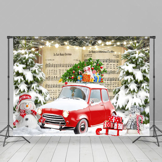 Lofaris Music Book Red Car Forest Winter Photo Backdrop