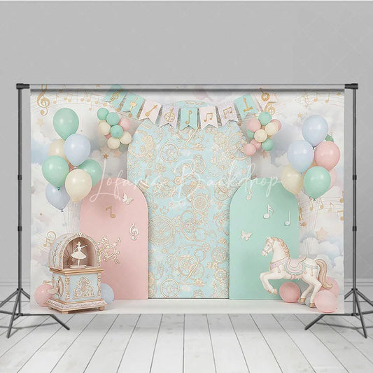 Lofaris Musical Carousel and Pastel Clouds Backdrop Music Notes Horse Decor for Girl Birthday Party