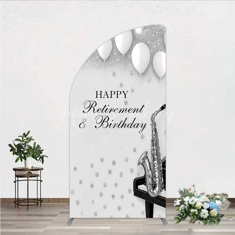 Lofaris Musical Retirement and Birthday Half Moon Arch Backdrop Silver Saxophone Piano Party Decoration