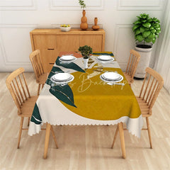 Lofaris Mustard Yellow Abstract Botanical Rectangle Tablecloth with Green Leaves and Gold Accents Elegant Dining Decor